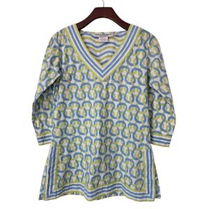 Gretchen Scott V-Neck Tunic Top Size‎ XS Geren Blue Chainlink Print Cotton